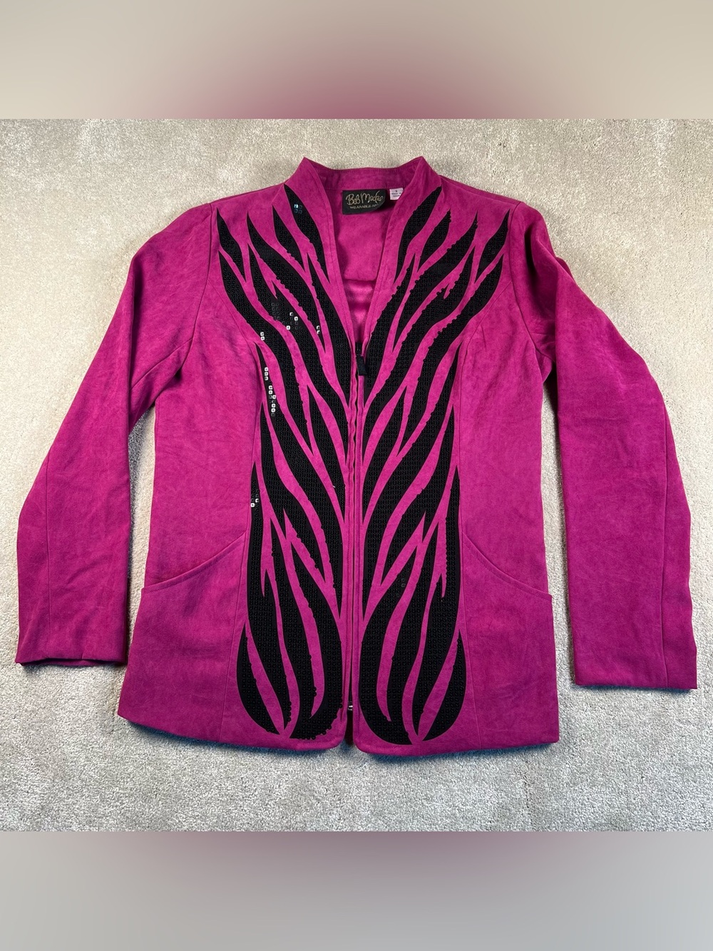Bob Mackie Jacket Fuchsia Pink Black Sequins Zip Up Women's Small